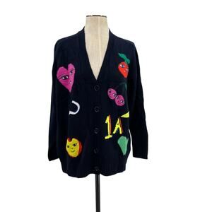 Maison Common Cardigan Sweater Fruit Print Navy Blue Merino Cashmere Size Medium